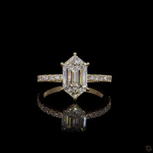 Load image into Gallery viewer, The Cassiel Ring | 2.5ct Hexagonal Step Cut Lab Diamond | Hidden Halo | Pavé Band | 14k Yellow Gold