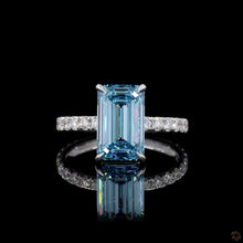 Load image into Gallery viewer, The Celestine Ring | 3ct Blue Emerald Cut Lab Diamond | Pavé Band | 14k White Gold