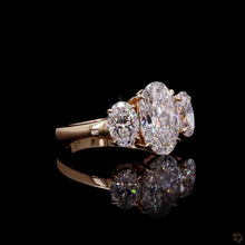 Load image into Gallery viewer, The Theodora Ring | 3ct Oval Cut Lab Diamond | Three-Stone | Oval Side Stones | 14k Gold