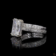 Load image into Gallery viewer, The Violette Bridal Set | 3ct Radiant Cut Lab Diamond | Claw Prong Solitaire | Engraved Pavé Bands | 14k White Gold