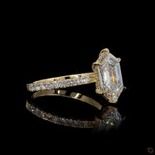 Load image into Gallery viewer, The Cassiel Ring | 2.5ct Hexagonal Step Cut Lab Diamond | Hidden Halo | Pavé Band | 14k Yellow Gold