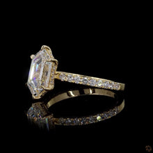 Load image into Gallery viewer, The Cassiel Ring | 2.5ct Hexagonal Step Cut Lab Diamond | Hidden Halo | Pavé Band | 14k Yellow Gold