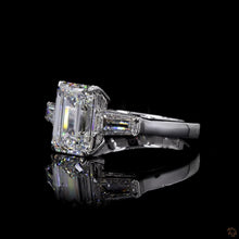 Load image into Gallery viewer, The Rosamund Ring | 3ct Emerald Cut Lab Diamond | Tapered Baguette Three-Stone | 14k White Gold
