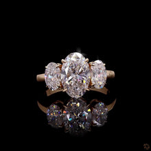 Load image into Gallery viewer, The Theodora Ring | 3ct Oval Cut Lab Diamond | Three-Stone | Oval Side Stones | 14k Gold
