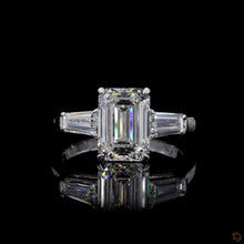 Load image into Gallery viewer, The Rosamund Ring | 3ct Emerald Cut Lab Diamond | Tapered Baguette Three-Stone | 14k White Gold
