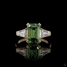 Load image into Gallery viewer, The Sylvie | 3.5ct Green Emerald Cut Lab Diamond | Tapered Baguette Three-Stone | 14k Gold
