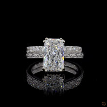 Load image into Gallery viewer, The Violette Bridal Set | 3ct Radiant Cut Lab Diamond | Claw Prong Solitaire | Engraved Pavé Bands | 14k White Gold
