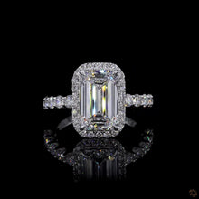 Load image into Gallery viewer, The Seraphina Ring | 2.50ct Elongated Emerald Cut Lab Diamond | Diamond Halo | Pavé Band | 14k White Gold
