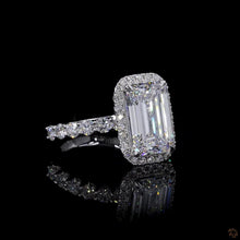 Load image into Gallery viewer, The Seraphina Ring | 2.50ct Elongated Emerald Cut Lab Diamond | Diamond Halo | Pavé Band | 14k White Gold

