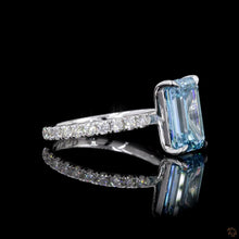 Load image into Gallery viewer, The Celestine Ring | 3ct Blue Emerald Cut Lab Diamond | Pavé Band | 14k White Gold
