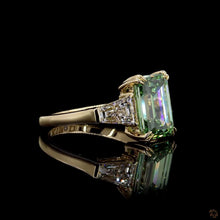 Load image into Gallery viewer, The Sylvie | 3.5ct Green Emerald Cut Lab Diamond | Tapered Baguette Three-Stone | 14k Gold
