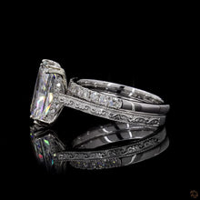 Load image into Gallery viewer, The Violette Bridal Set | 3ct Radiant Cut Lab Diamond | Claw Prong Solitaire | Engraved Pavé Bands | 14k White Gold
