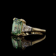 Load image into Gallery viewer, The Sylvie | 3.5ct Green Emerald Cut Lab Diamond | Tapered Baguette Three-Stone | 14k Gold
