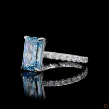 Load image into Gallery viewer, The Celestine Ring | 3ct Blue Emerald Cut Lab Diamond | Pavé Band | 14k White Gold

