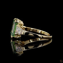 Load image into Gallery viewer, The Sylvie | 3.5ct Green Emerald Cut Lab Diamond | Tapered Baguette Three-Stone | 14k Gold
