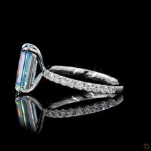 Load image into Gallery viewer, The Celestine Ring | 3ct Blue Emerald Cut Lab Diamond | Pavé Band | 14k White Gold
