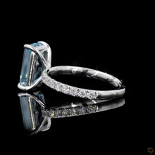 Load image into Gallery viewer, The Celestine Ring | 3ct Blue Emerald Cut Lab Diamond | Pavé Band | 14k White Gold
