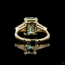 Load image into Gallery viewer, The Sylvie | 3.5ct Green Emerald Cut Lab Diamond | Tapered Baguette Three-Stone | 14k Gold
