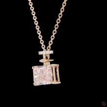 Load image into Gallery viewer, Pink radiant lab diamond pendant in 14k rose gold, angled view
