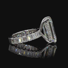 Load and play video in Gallery viewer, The Sovereign Ring | 5ct Emerald Cut Lab Diamond | Hidden Halo | Emerald Eternity Band | 14k White Gold
