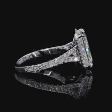 Load and play video in Gallery viewer, The Duchess Ring | 3ct Radiant Cut Lab Diamond | Diamond Halo | Split Pavé Band | 14k White Gold
