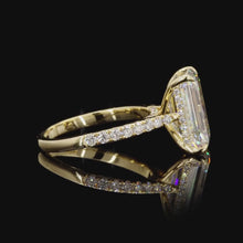 Load and play video in Gallery viewer, The Francesca Ring | 3ct Emerald Cut Lab Diamond | Pavé Band | Hidden Halo | 14k Gold
