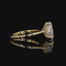 Load and play video in Gallery viewer, The Fleur Ring | 2ct Elongated Oval Lab Diamond | Floral Basket Solitaire | Plain Band | 14k Yellow Gold
