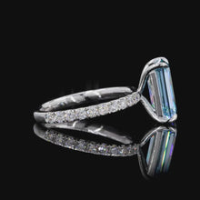 Load and play video in Gallery viewer, The Celestine Ring | 3ct Blue Emerald Cut Lab Diamond | Pavé Band | 14k White Gold
