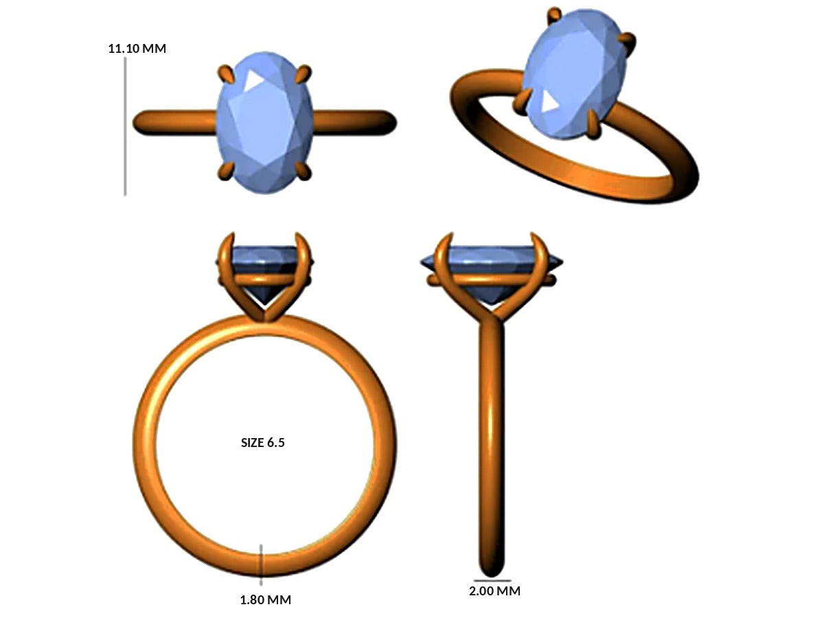3D CAD design of an oval solitaire lab diamond engagement ring with measurements