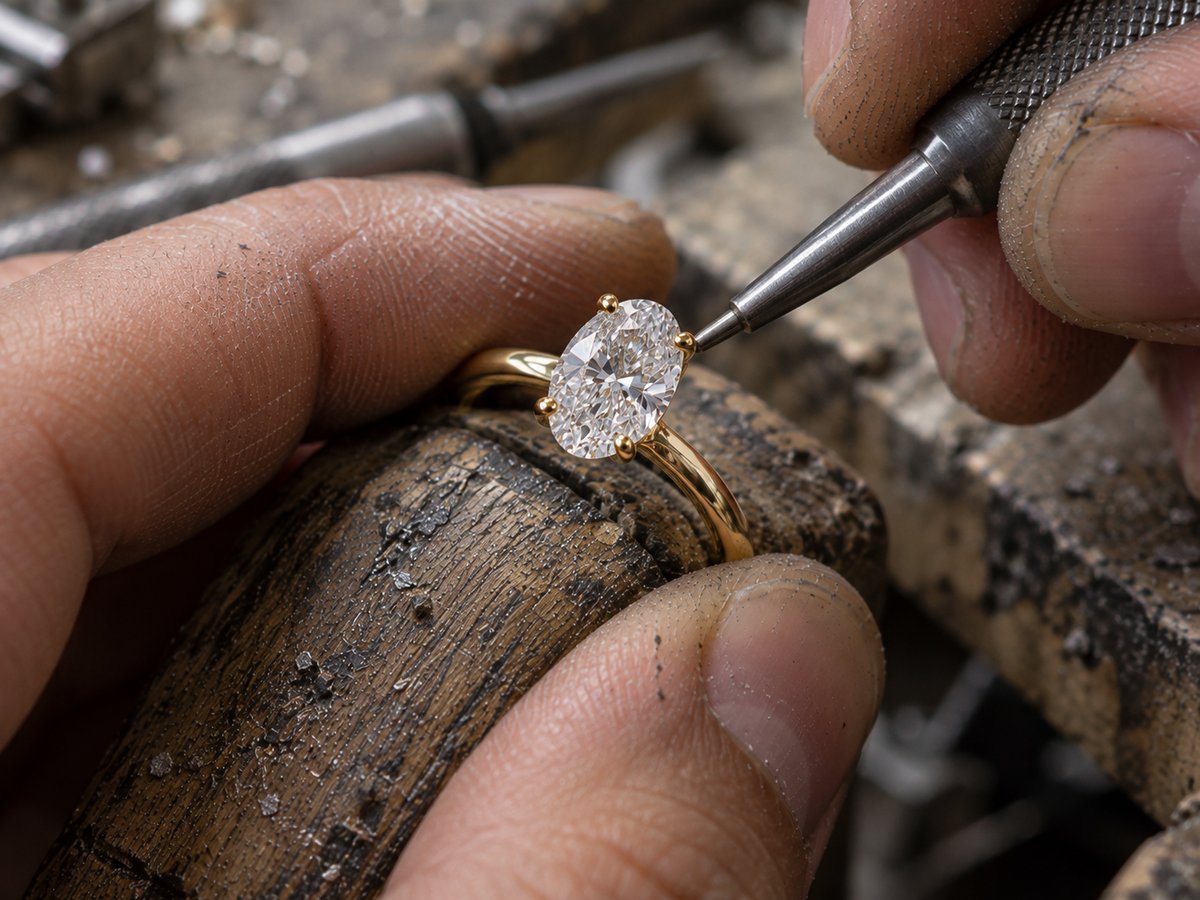Jeweler setting an oval lab diamond into a yellow gold solitaire ring