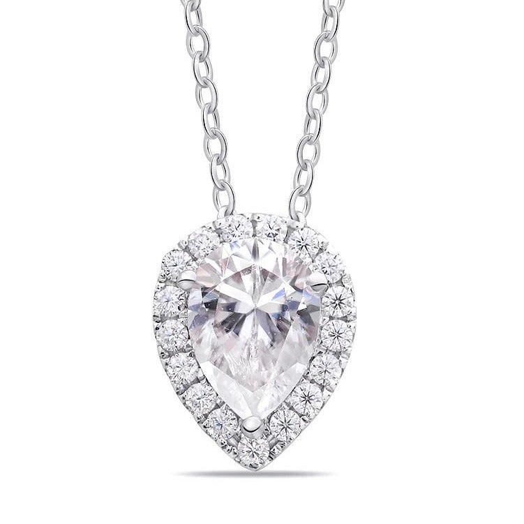 Moissanite Pear Cut Pendant with Necklace in Sterling Silver or Gold